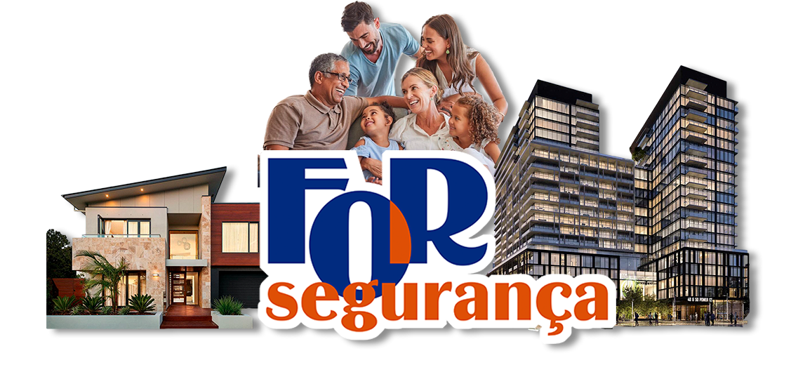 Imagem institucional da For Segurança com família feliz, casa moderna e edifício corporativo ao fundo