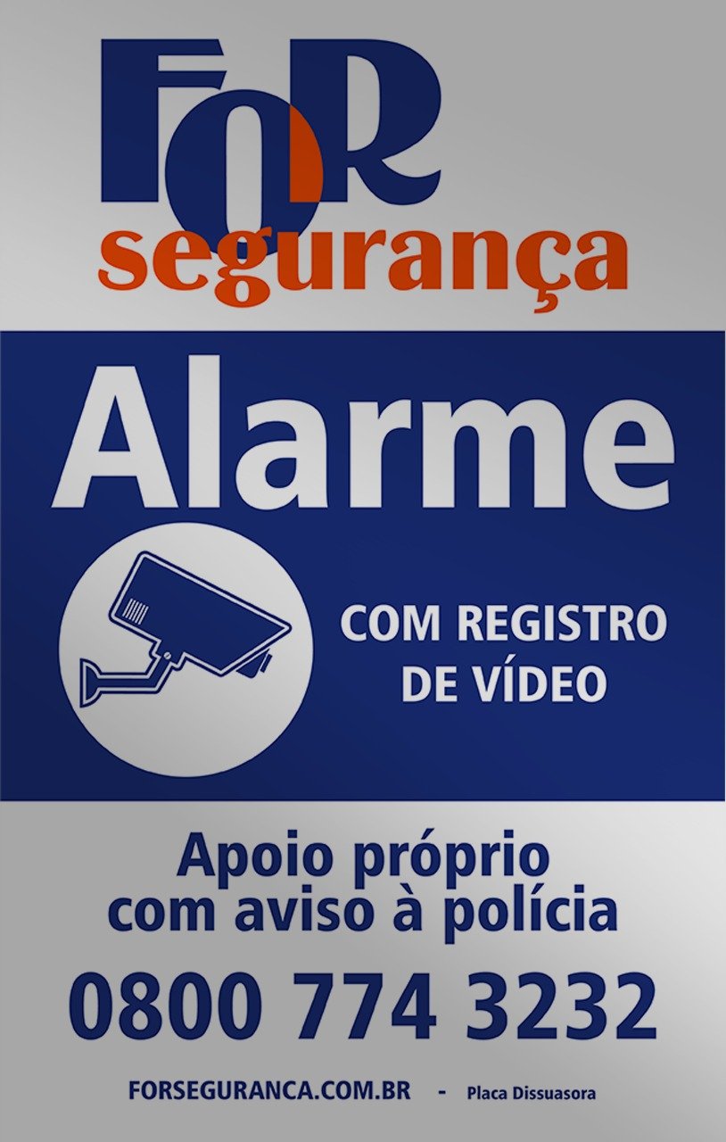Aviso de monitoramento com alarme e vídeo pela For Segurança Placa de aviso de alarme com registro de vídeo e aviso à polícia da For Segurança
