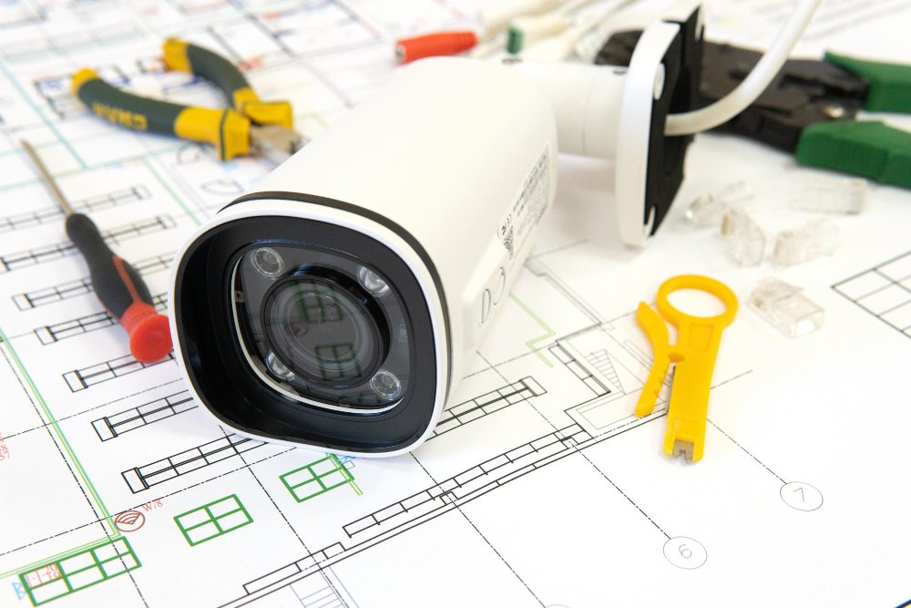 manutenção de câmeras Câmera de segurança sobre planta baixa com ferramentas de instalação