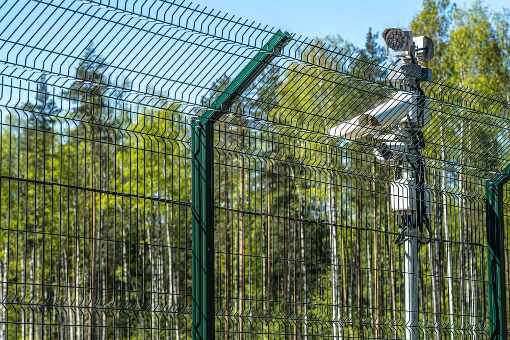 Câmera de vigilância instalada em cerca de segurança perimetral ao ar livre