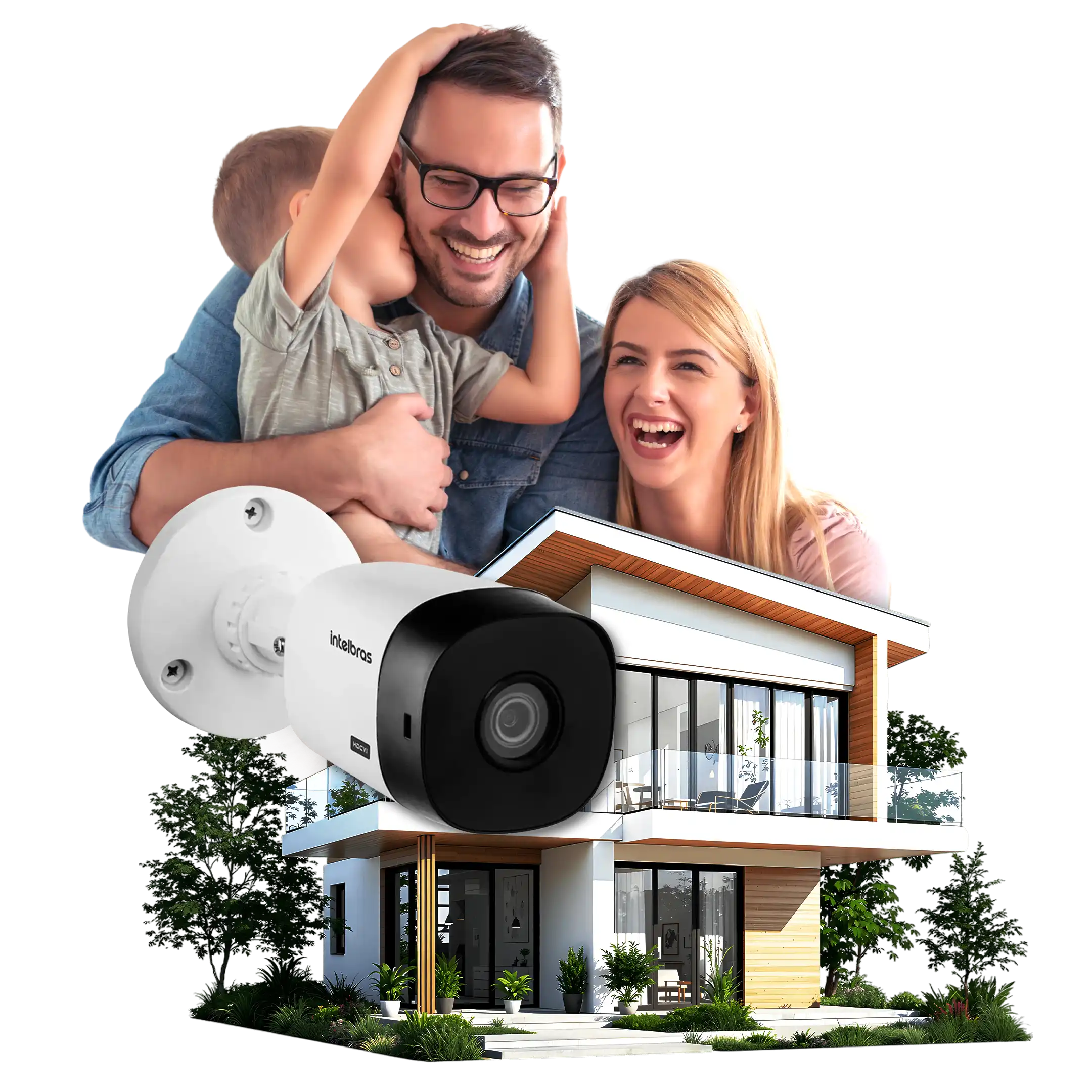 Família segura em casa moderna com sistema de câmeras de segurança Intelbras instalado em Campinas