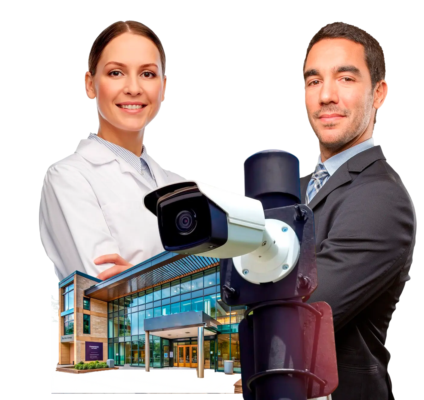 Profissionais em frente a edifício comercial com câmera de segurança, representando proteção empresarial e institucional
